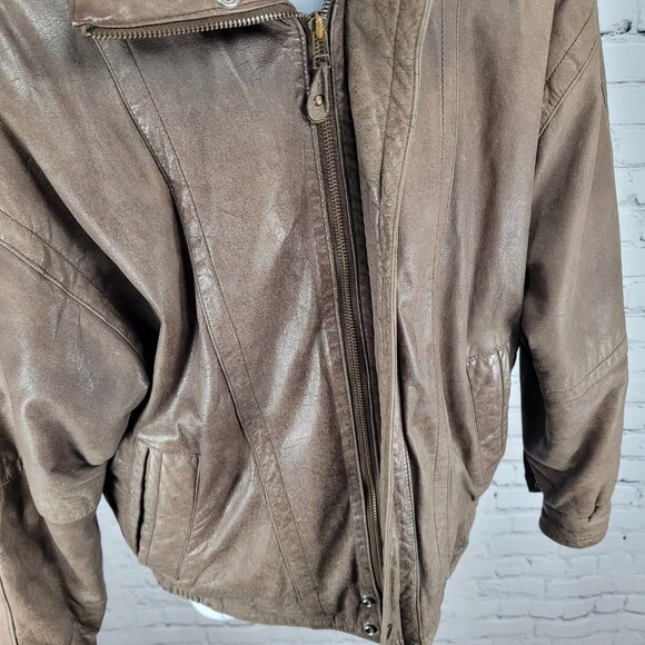 VTG Aggio Brown Genuine Soft Leather Full Zip Snap Pockets Bomber Jacket Large L - Picture 13 of 16